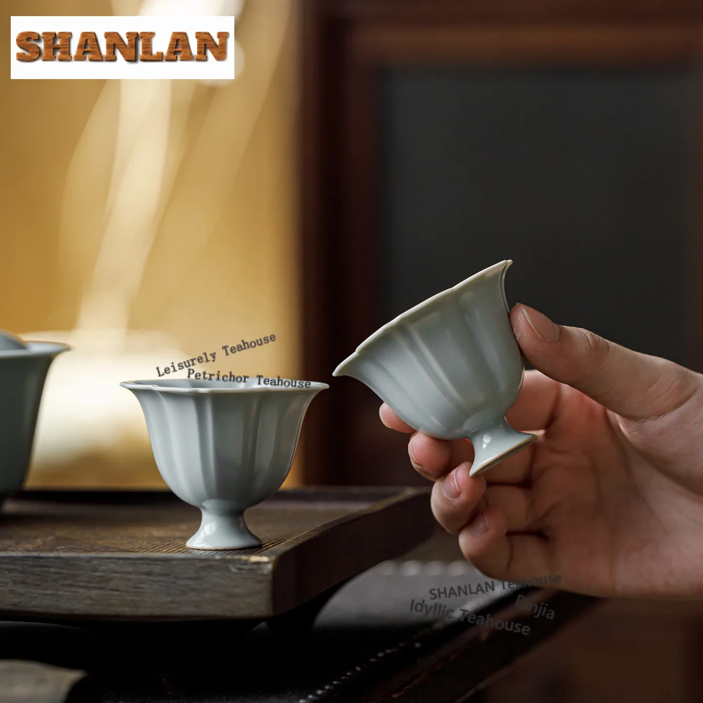 

2pc/lot Sky Blue Ru Kiln Porcelain High Foot Teacup Handmade Tea Bowl Tea-tasting Smelling Cup Chazhan Master Cup Tea Items 35ml