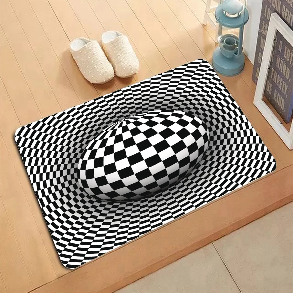 Checkered Stripe Patten Carpet Entrance Doormat Non-slip Living Room Kitchen Bedroom Decor Rug Black Floor Mats Modern Style