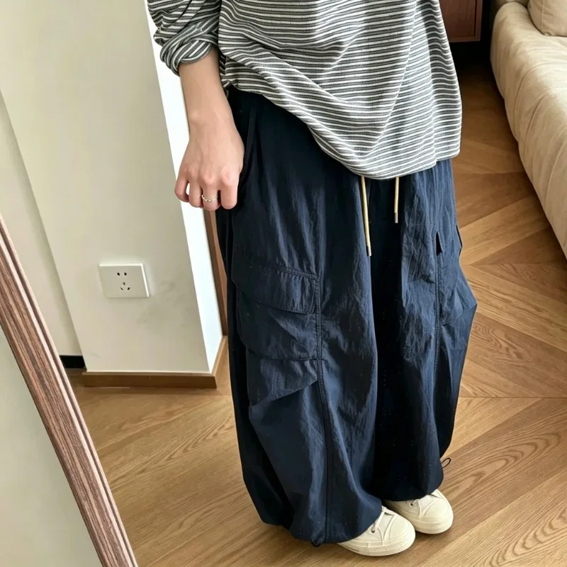 Hose, lässig, Vintage-Stil, einfarbig, weites Bein, Damen, Herbst/Winter, Kordelzug in der Taille, für den Alltag, Outdoor, Cargohose, Freizeitkleidung. – Detail 4