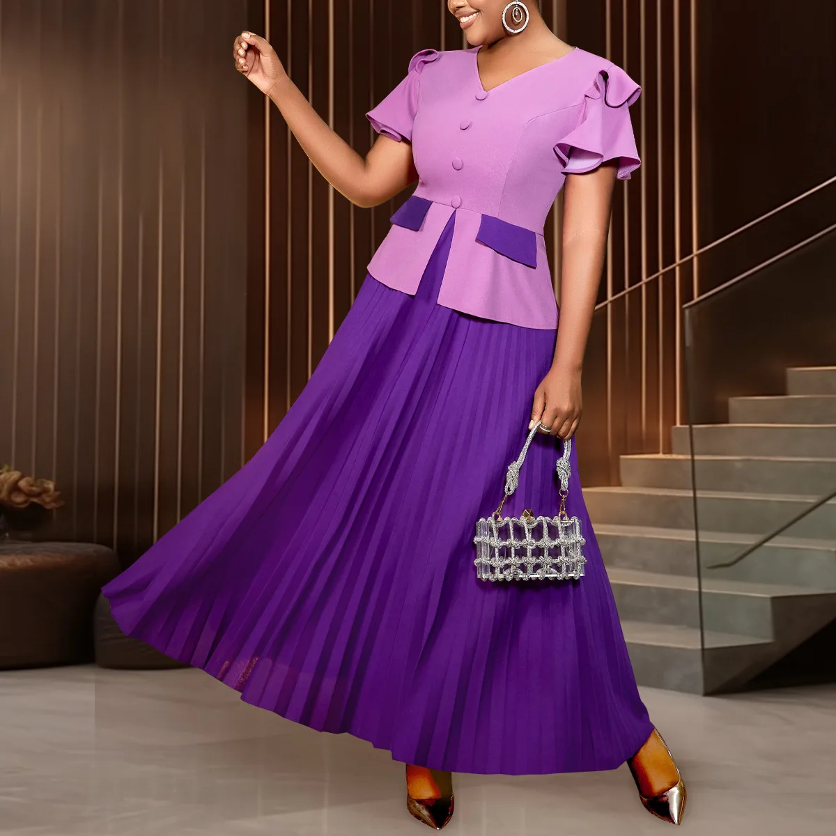 

S-4XL Plus Size African Party Evening Dresses for Women 2026 Autumn Spring African Short Sleeve V-neck Pleat Long Dress Outfits