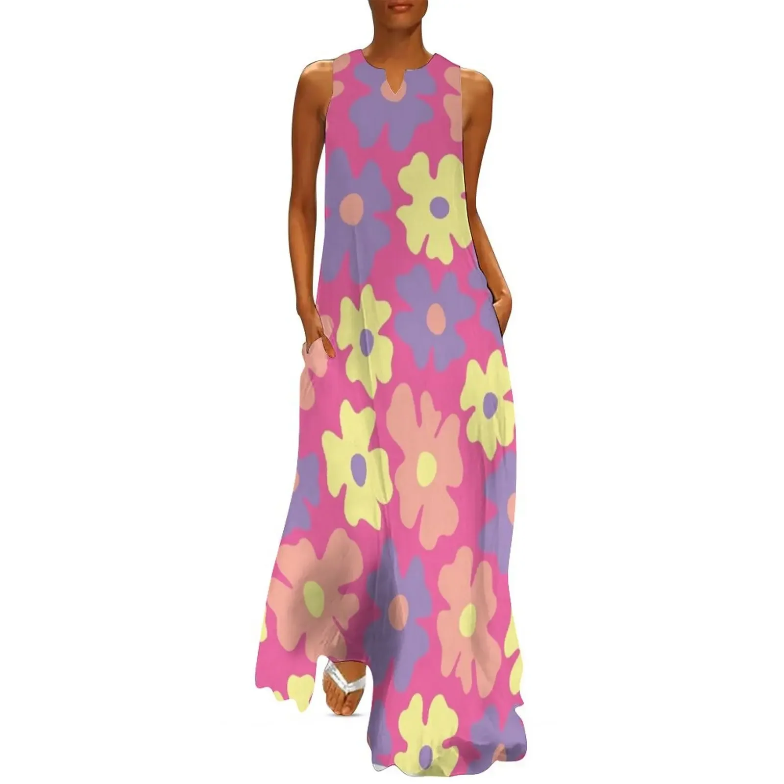 

pink 60s retro flower power, hot pink, purple, yellow, peach, 60s groovy pattern, hippie flowers Long Dress
