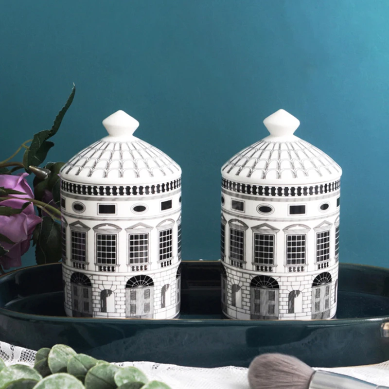 

European Ceramic Scented Candle Jar Black and White Architectural Art Ornament Home Jewelry Box Pen Holder Fruit Nut Storage Box