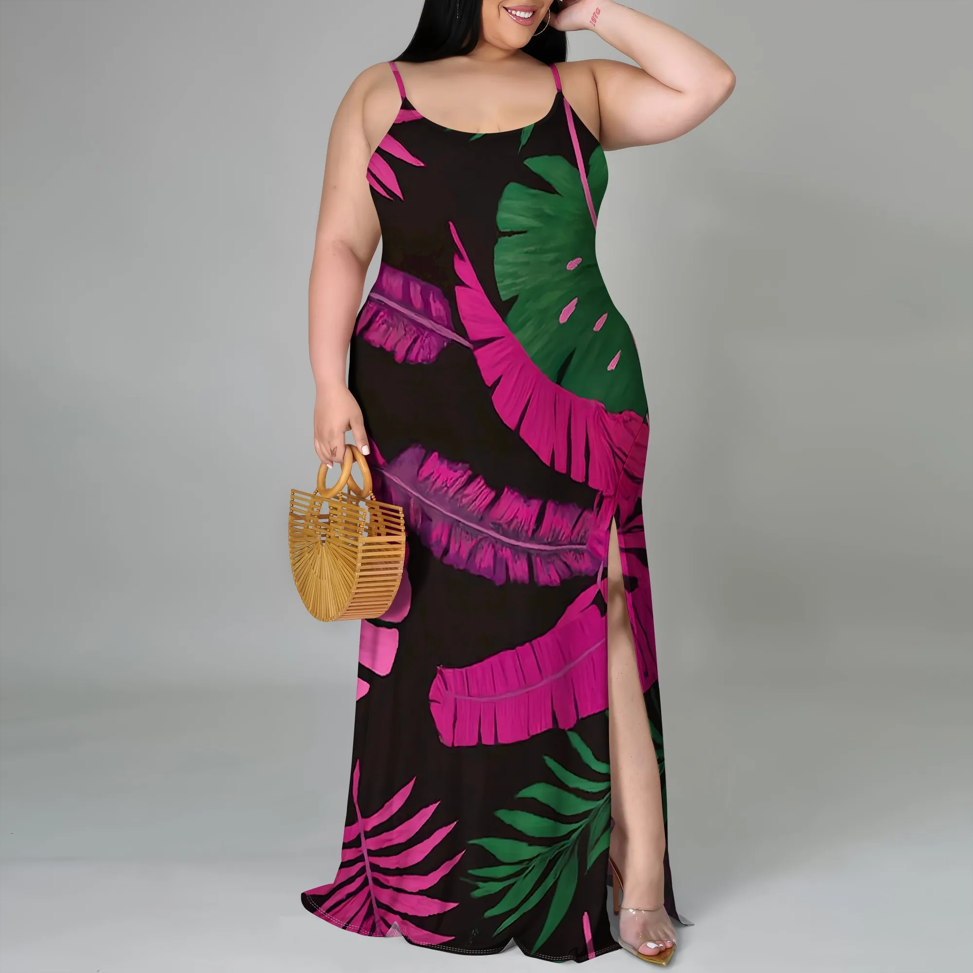 

Plus Size Tropical Print Spaghetti Strap Maxi Dress XL-6XL Sexy Split Hem Summer Dress for Beach Vacation, Resort or Cruise