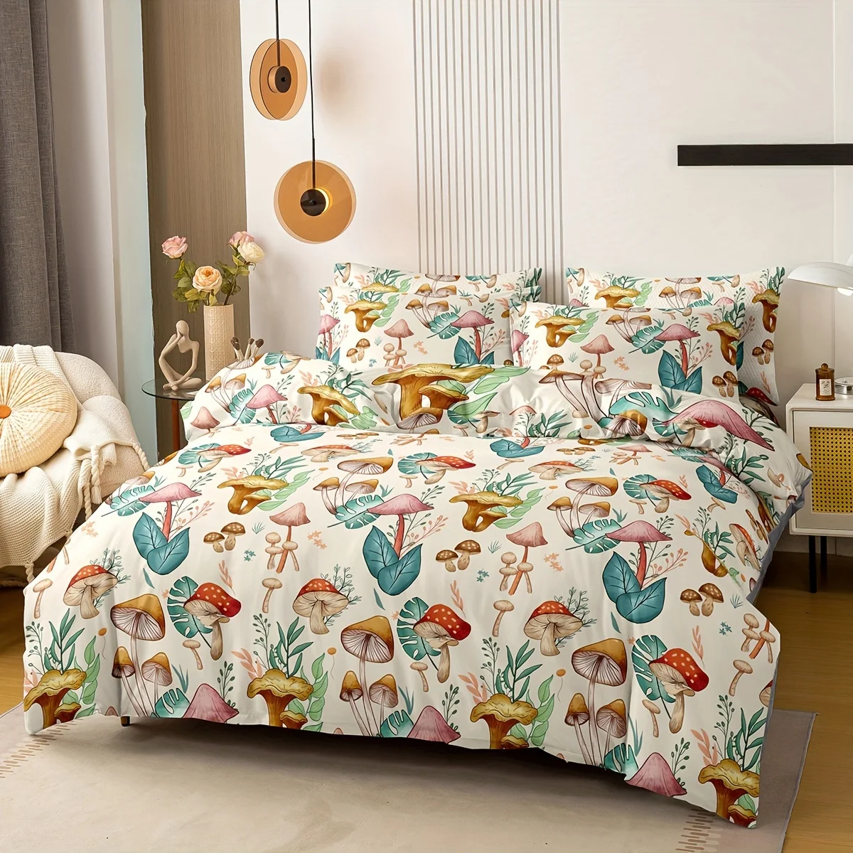 3pcs Duvet Cover Easy and Versatile Mushroom Plant Printed Soft and Comfortable Suitable for Bedrooms Dorms