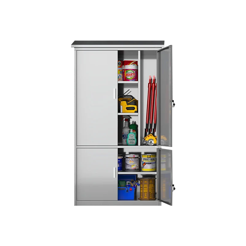 Outdoor Stainless Steel Storage Cabinet Double Door Lockable Garden Tool Cabinet Broom Cleaning Storage Cupboard