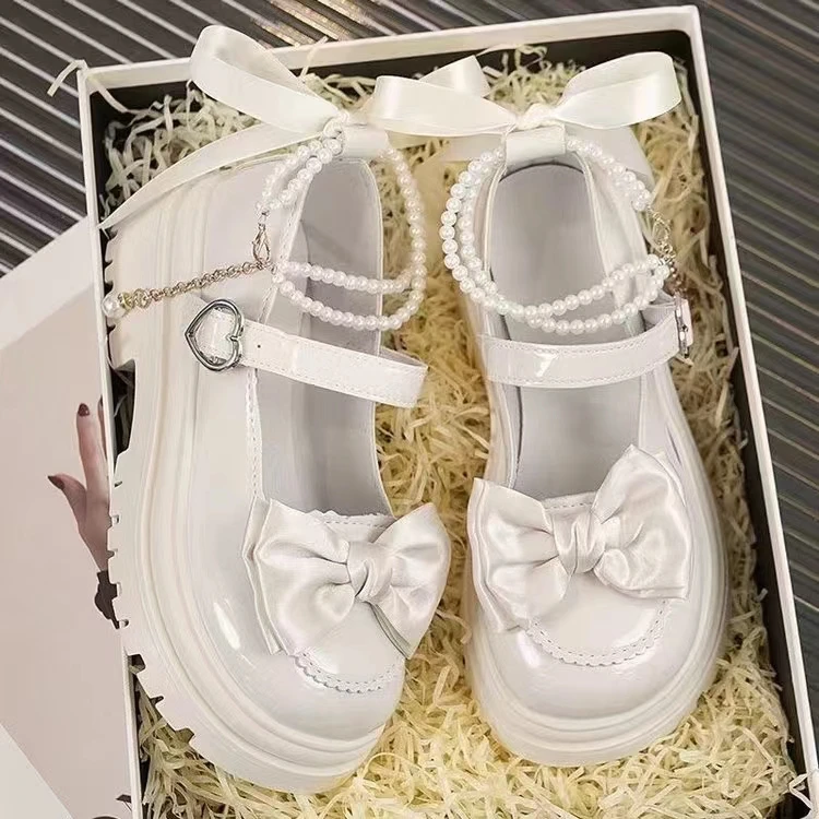 Sweet Bow Platform Lolita Shoes Women Luxury Pearl ankle buckle Mary Janes Shoes Woman Academy style Kawaii cosplay JK shoes