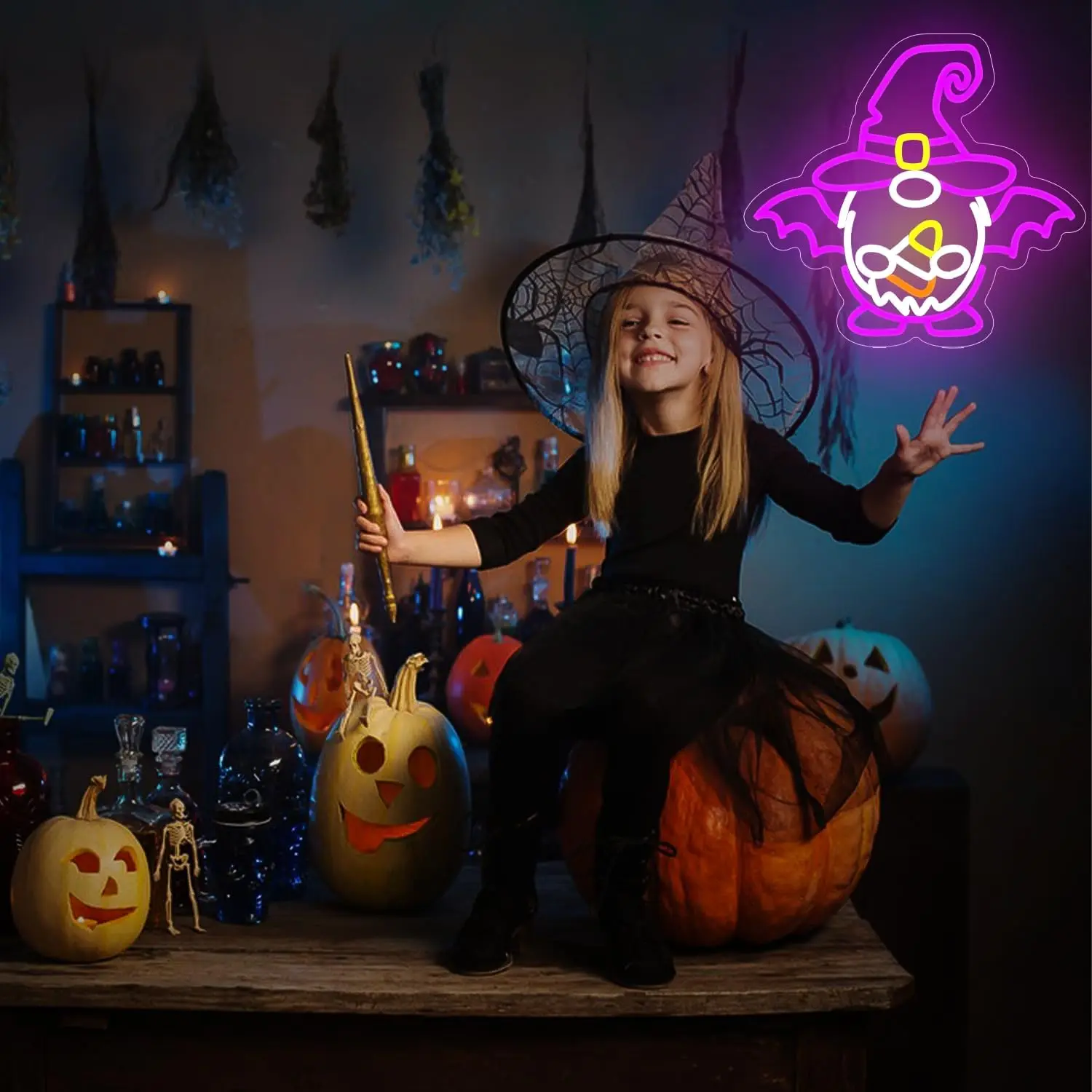 ป้ายไฟนีออนรูปคนแคระฮาโลวีน ไฟนีออน LED หรี่แสงได้แบบ USB สำหรับตกแต่งผนังบาร์ เตียงนอน ห้องพักผู้ชาย โรงแรม ร้านค้า ห้องเล่นเกม งานปาร์ตี้