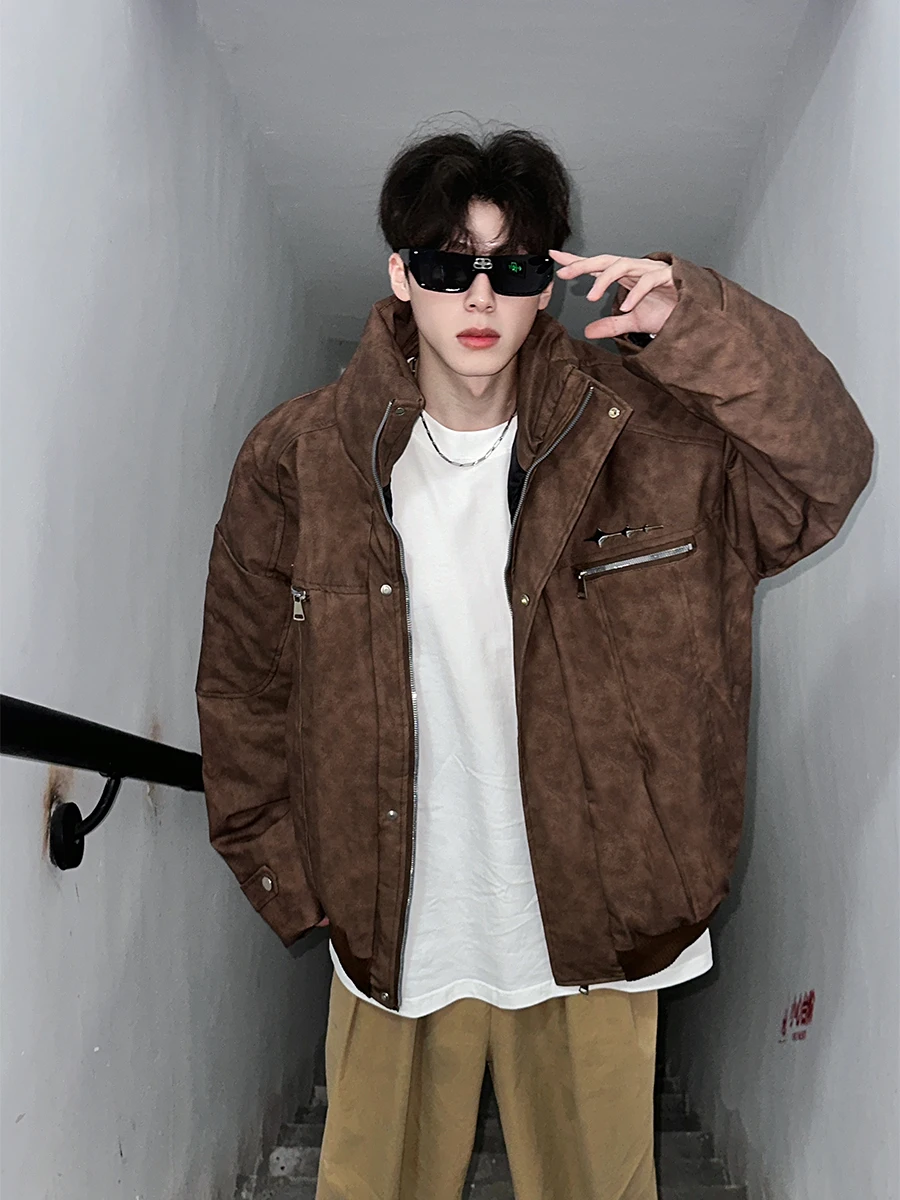 

American Sle Thiened PU Leather Cotton Jaet Men's Winter Faion Brand Cool High-End Warmth Outerwear Coat for Cold Wea...