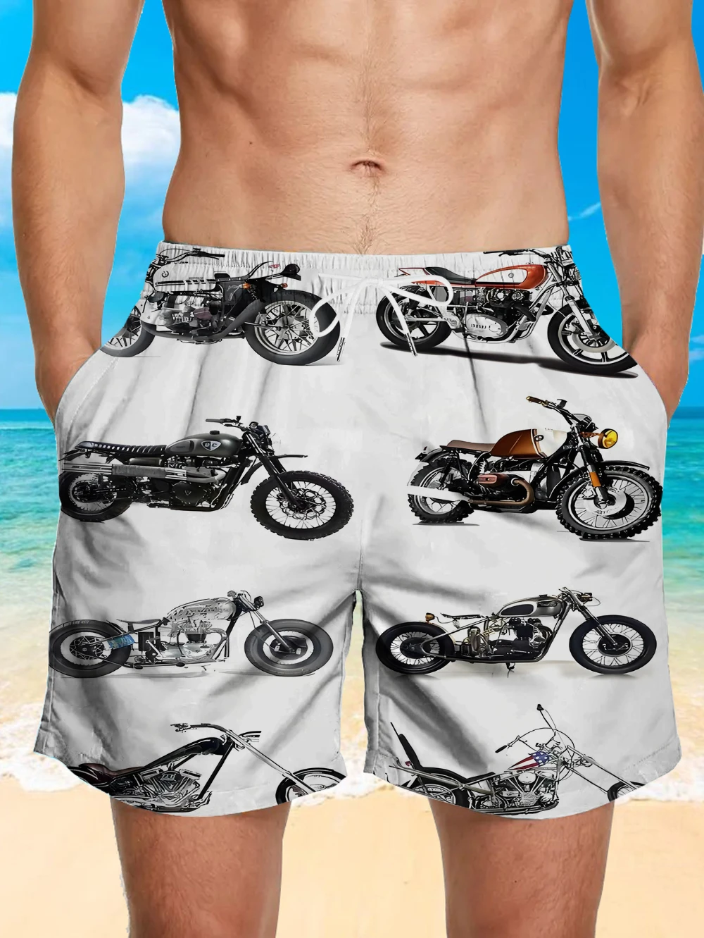 

Men's Quick-Drying Sports Shorts, Motorcycle Print Pattern, Lightweight Beach Shorts, Elastic Drawstring Belt, Outdoor Wear