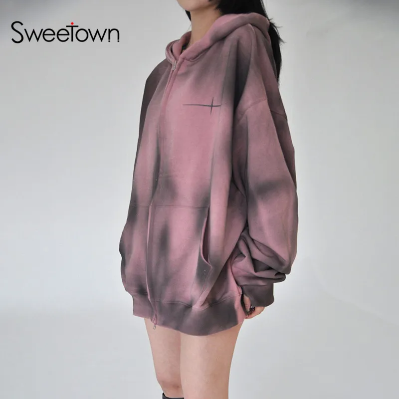 Sweetown Harajuku Hoodies Pink Tie Dye Print Oversize Preppy Sweatshirts Korean Fashion Casual Loose Zip-Up Autumn Winter Jacket