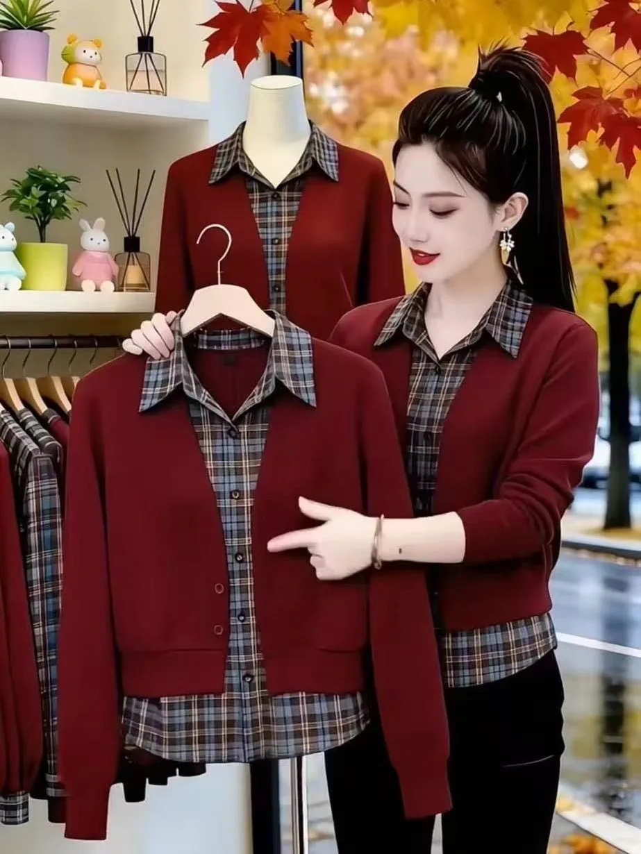 

Повседневная женская рубашка в клетку с длинным рукавом, свободного кроя, с воротником, имитация двухслойности, весна-осень, модная, универсальная, дышащая