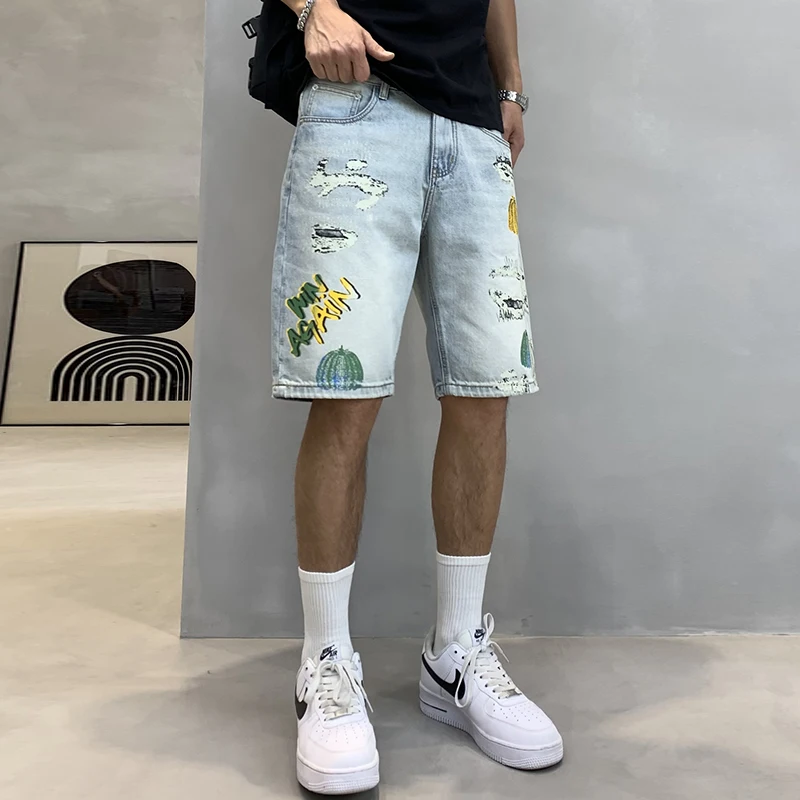 Summer New High-End Pumpkin Print Loose Straight Leg Denim Shorts For Men'S Trendy And Versatile Casual Half Pants