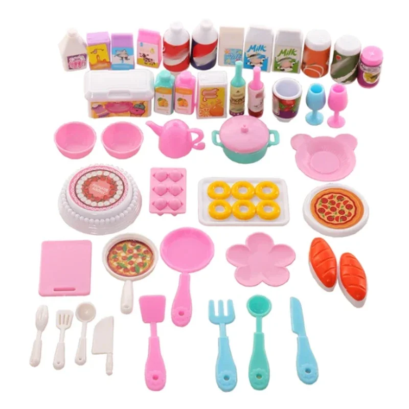 Dollhouse Mini Kitchen Food for Barbie 43 Pcs Dinner Set Fork Knif Plate Pizza Soup Tableware Cute Kids Toys Doll Accessories