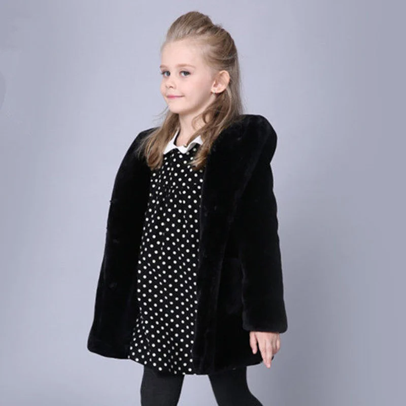 Girls Fur Coat Jacket Cotton Outwear Overcoat 2022 Black Warm Thicken Plus Velvet Winter Autumn Teenager Fuzzy Children\'s Clothi