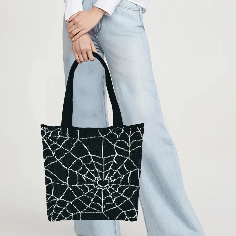 حقيبة حمل كروشيه للهالوين، حقيبة كتف ذات سعة كبيرة، حقيبة متماسكة، حقيبة بقالة، حقيبة تسوق