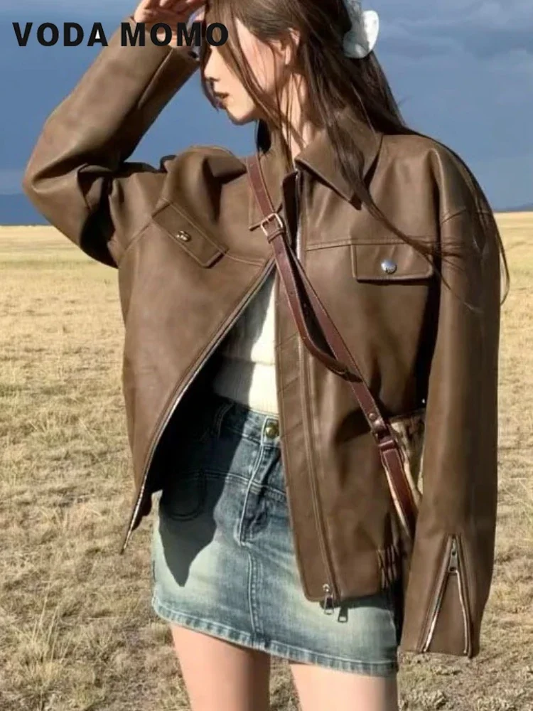 

2023, мотоциклетные куртки из искусственной кожи с лацканами, свободная уличная одежда, винтажная верхняя одежда, американская осенняя куртка из искусственной кожи для женщин, байкерские пальто