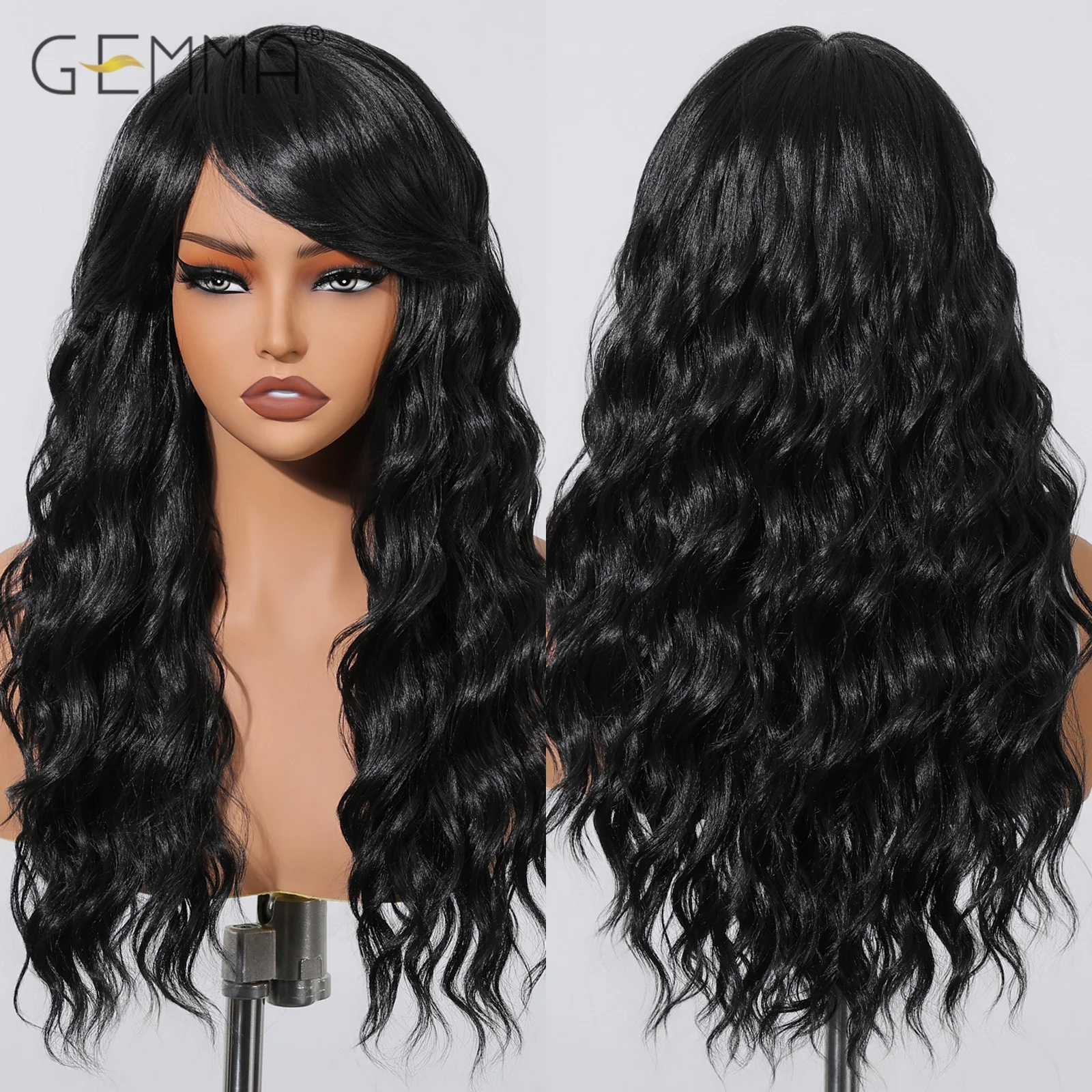 GEMMA Long Pure Black Curly Wig with Side Bangs Synthetic Black Hair Wigs for Women Natural Cosplay Daily Wig Heat Resistant