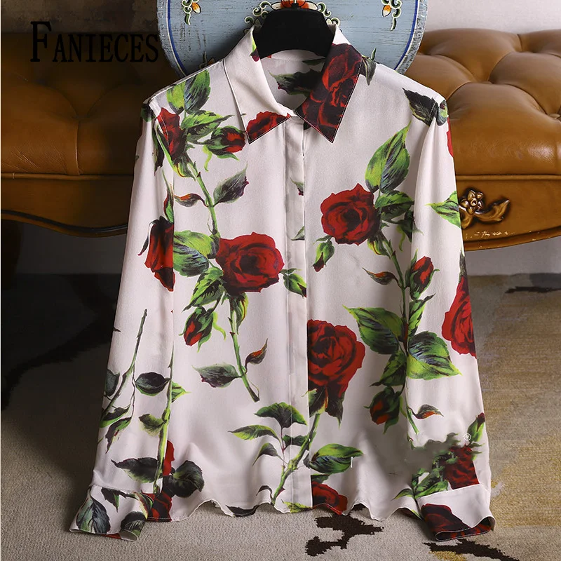 FANIECES 4XL-S Women Shirt Vintage Red Rose Flower Print Blouses Spring Long Sleeve Lapel Chiffon Shirts Office Ladies Workwear