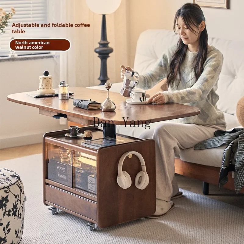 WSQ solid wood lifting coffee table movable folding walnut color coffee table dual-purpose sofa side table