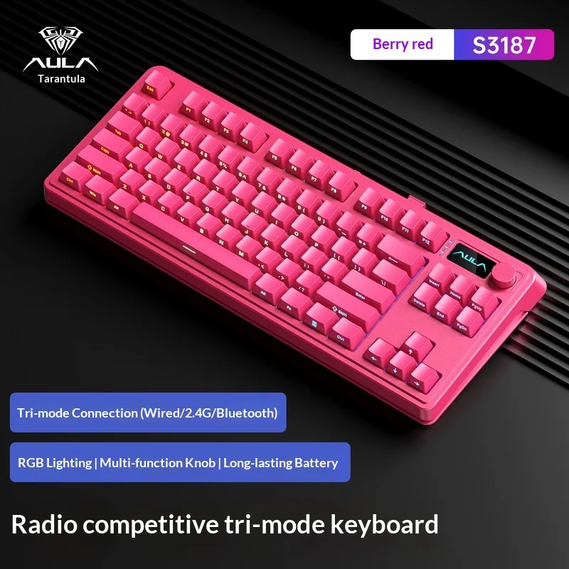 New S3187  Aula Wireless Tri Mode Keyboard F87 Key Mechanical Feel 24g Bluetooth Wired For Desktop Laptop Gaming Office Pink