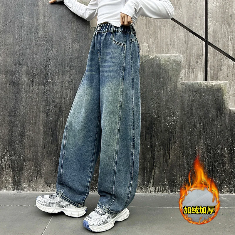 

winter Children's Warm Trousers clothes 4 6 8 10 12 14 teen girls Thick velvet jeans junior kids wide leg denim pants