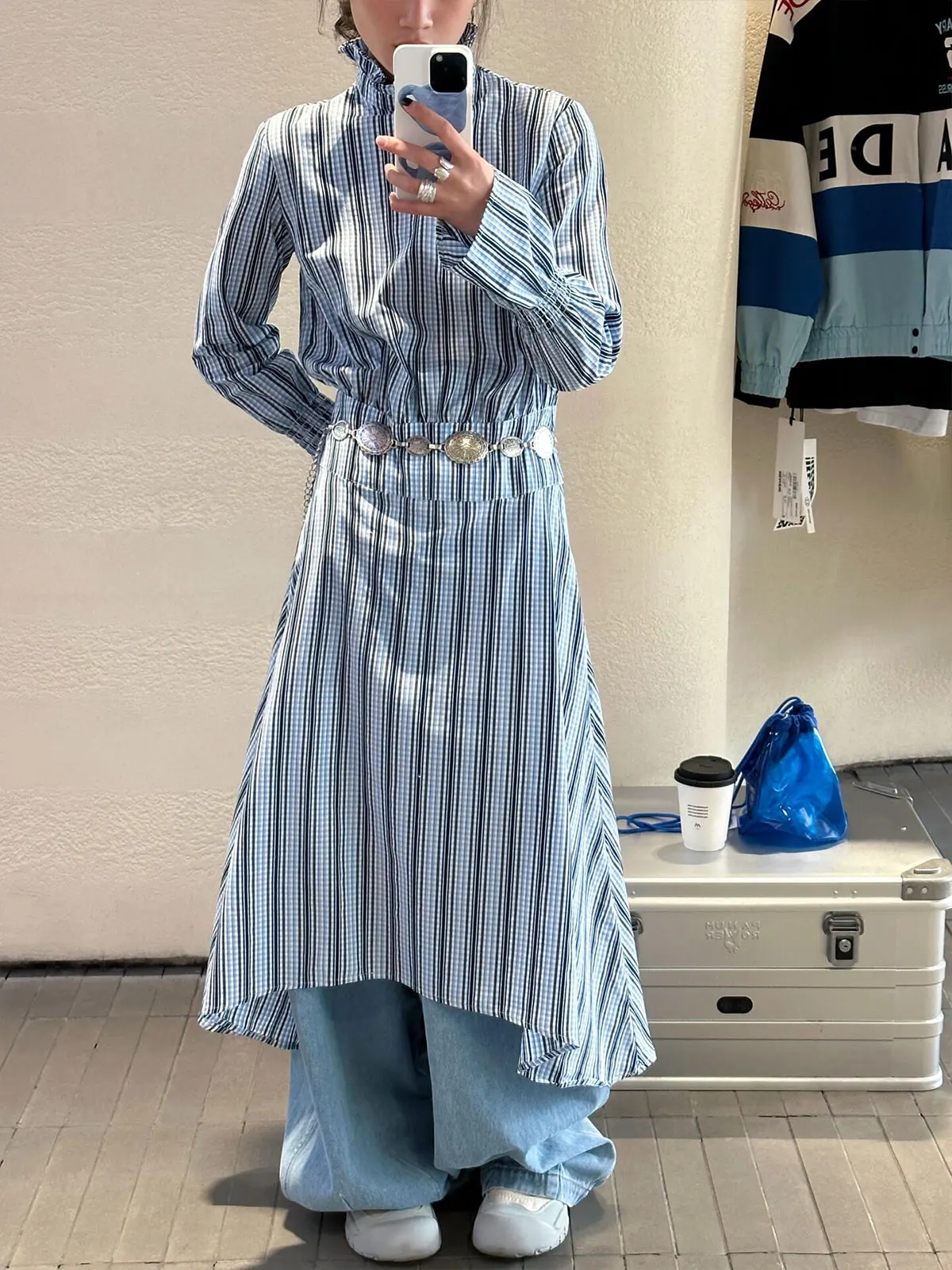 

Blue Striped Long Sve irt Dr Slimming Asymmetrical Fi Tail Maxi Skirt Island Vaion Casual Sle Stand Fit A-Line