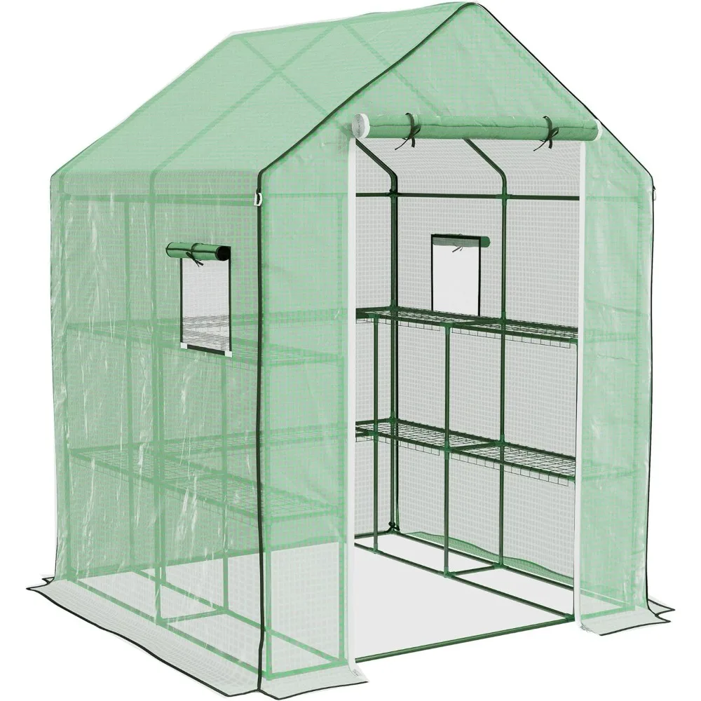 

Портативная теплица Outsunny 4,6 x 4,7 дюйма, устойчивый к воде/УФ-излучению небольшой уличный зеленый дом с двухуровневой U-образной полкой для цветов