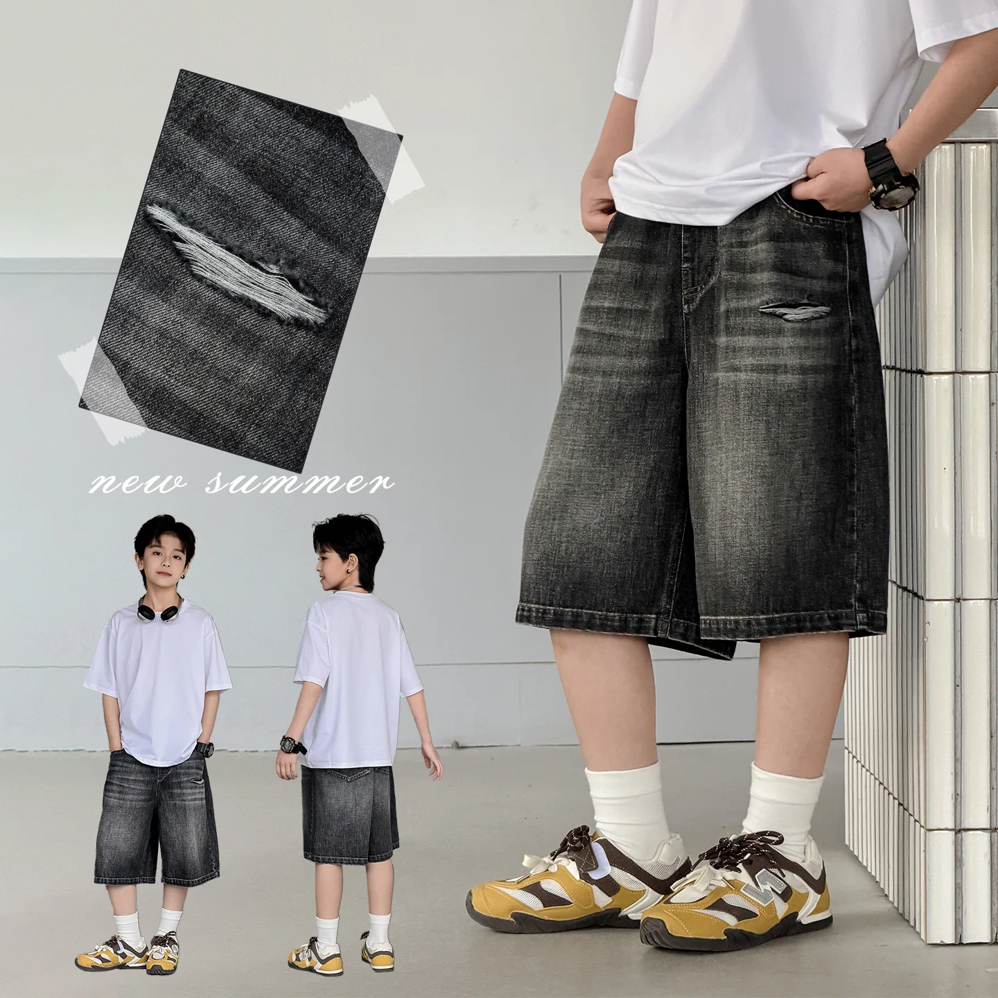 Boys Vintage Distressed Ripped Denim Shorts Kids Summer Fashion Street Loose Five-point Casual Jeans Child Broken Capris Pants ﻿