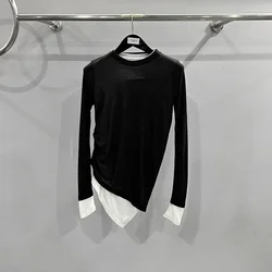 24ss New In Rick Women's Tshirts Knitted Bottomed Tops Black and White Fake Two Piece Long Sleeve Casual Street T-Shirt