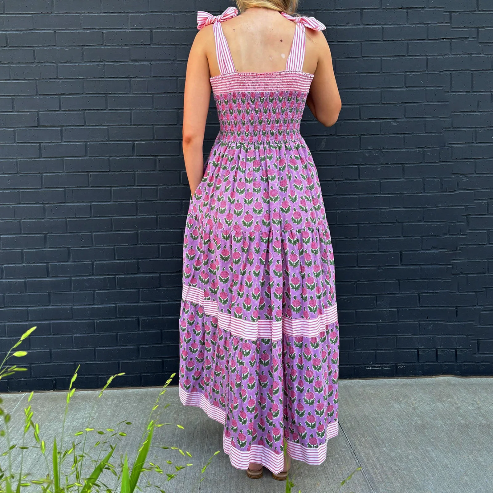 Abito lungo da donna con stampa floreale a righe con spalline allacciate Abito Cami Abito casual senza maniche alla moda estiva