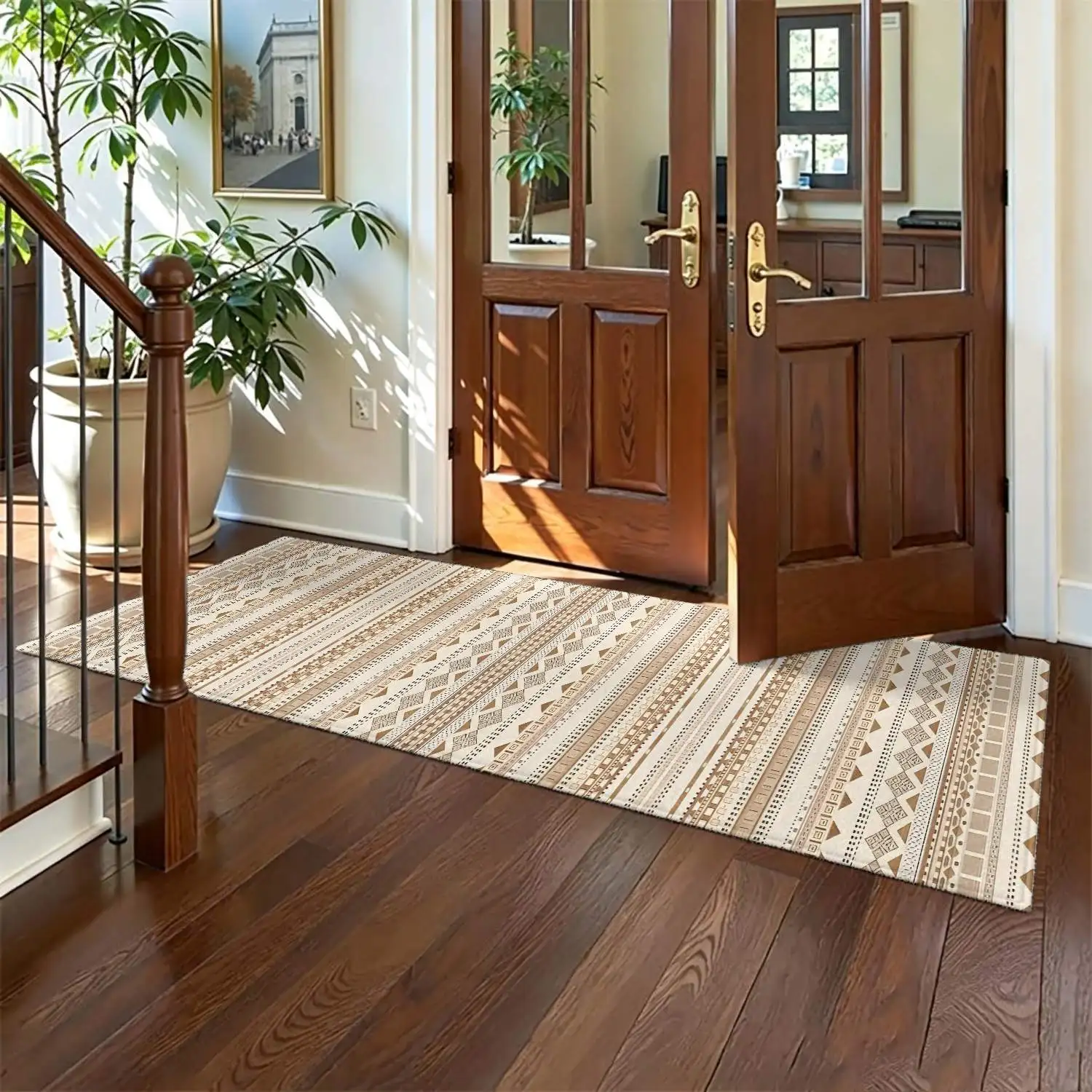 1Pc 2D Printed Beige Geometric Long Strip Runner Carpet: Nordic, Modern Minimalist, European, Bohemian Style, Machine Washable, Multi-Size, Ideal for Entryway, Hallway, Living Room, Bedroom Home Decor