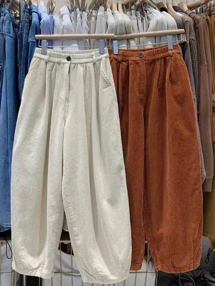 여성용 테니드 페이스 라이닝 코듀로이 할란 팬츠 겨울 패션 브랜드 버튼 롱 트라우저 캐주얼 랜턴 팬츠