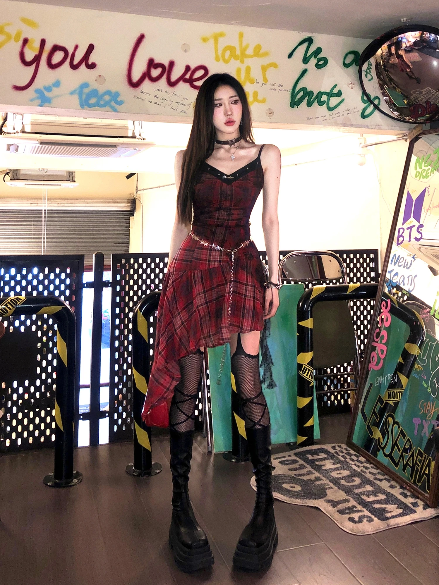 Summer Preppy Style Gothic Girls Sexy Sling Dress Red Pleated Mini Short Plaid Women Sleeveless Irregular Large Pendulum Dresses