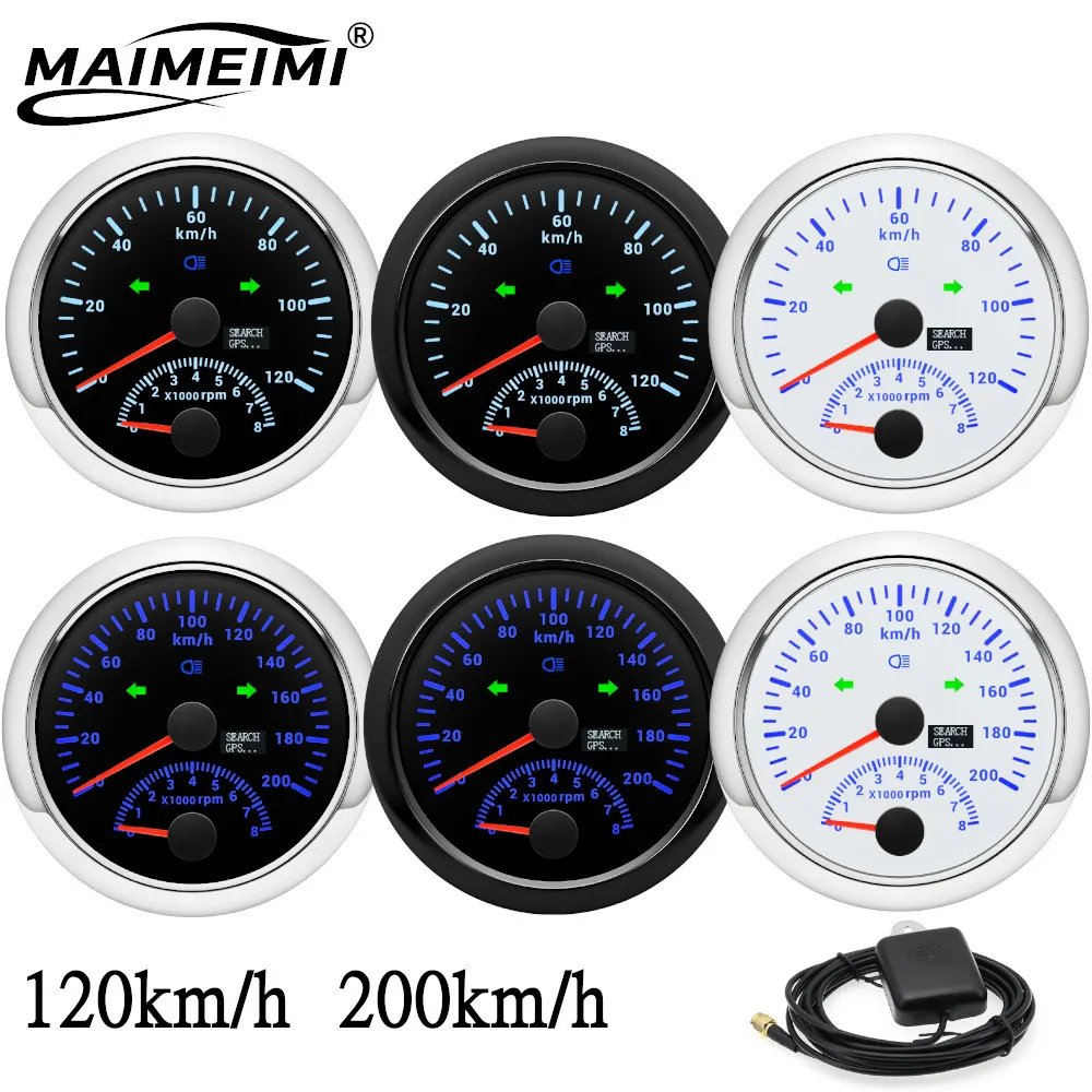 

85 мм GPS-спидометр 0-120 км/ч 200 км/ч с тахометром 8000 об/мин с 7-цветной подсветкой, измеритель скорости + GPS-антенна для лодки автомобиля