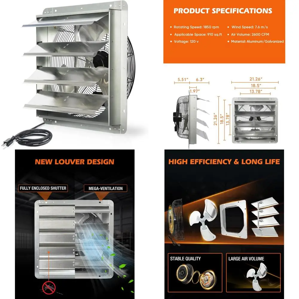 مروحة عادم مثبتة على الحائط مقاس 18 بوصة عالية السرعة مع 2600 CFM، ومصاريع تلقائية، وسلك طاقة 1.8 متر لتهوية المرآب ورشة العمل