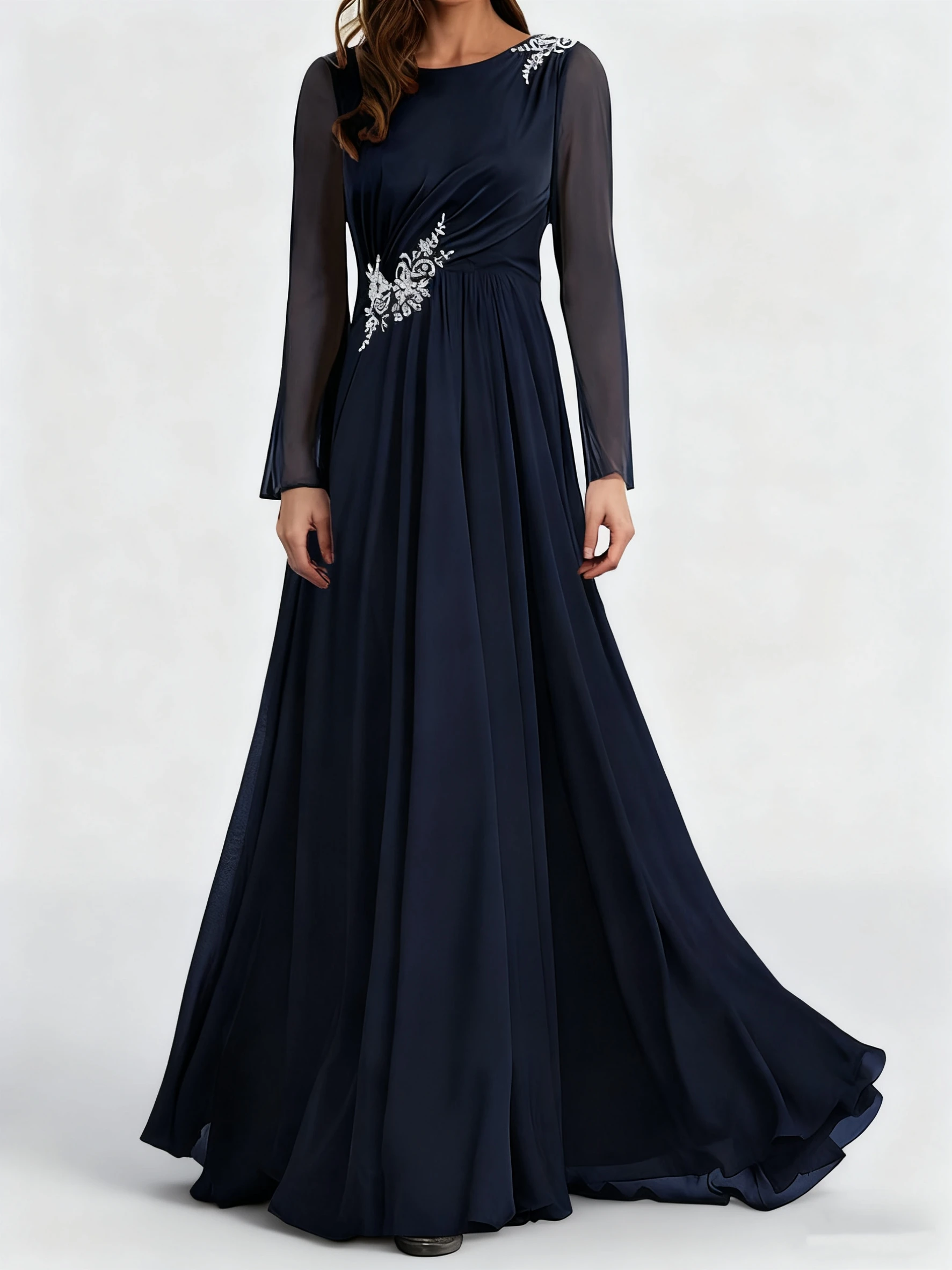

Beaded Mother of The Groom Dresses Long Sleeves Chiffon Ruffles Evening Formal Gown