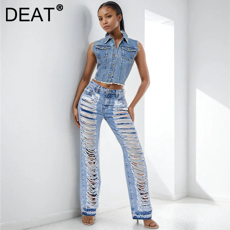 DEAT Fashion Versatile Broken Hole High Waist Jeans For Women Trendy Straight Denim Pants Female 2024 Winter New Items 3A2321