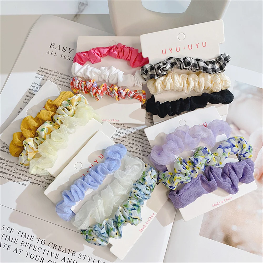 3pcs Fashion Chiffon Yarn Scrunchies Summer Print Rubber Band Hairband for Women Girls Ponytail Elastic Hair Rope Headband Gifts