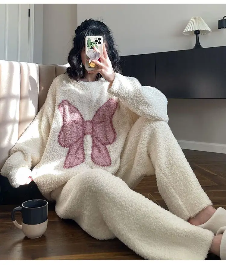 Yasuk Autumn Winter Fashion Women\'s Casual Lovely Bow Sweet Girl Warm Soft Sleepwear Loose Pajamas With Pants Flannel Pullover