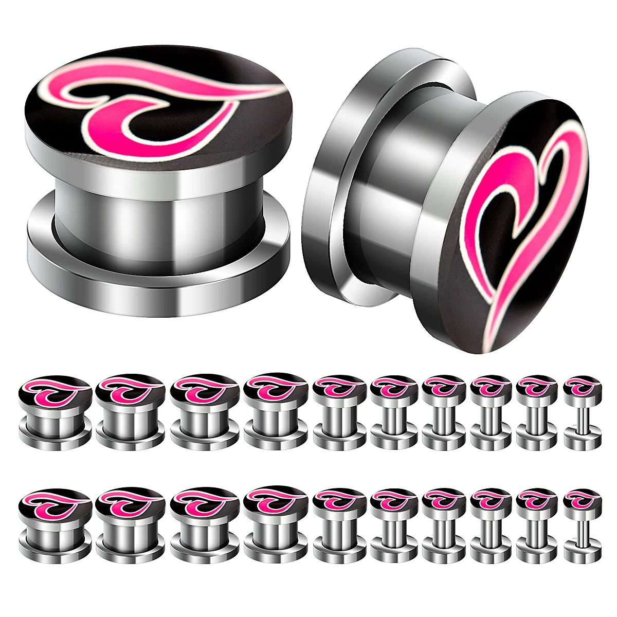 2 Pack Stainless Steel Earrings Ear Gauge Heart Expander Earrings Threaded Earplugs and Tunnel Body Piercing Jewelry