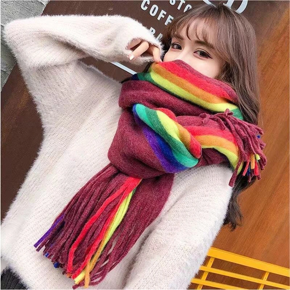 Women\'s Rainbow Scarf Winter Cashmere Shawl Thickened Warm Knitted Line Scarf Long Fashion Bufandas Shawl Pashmina for Femme