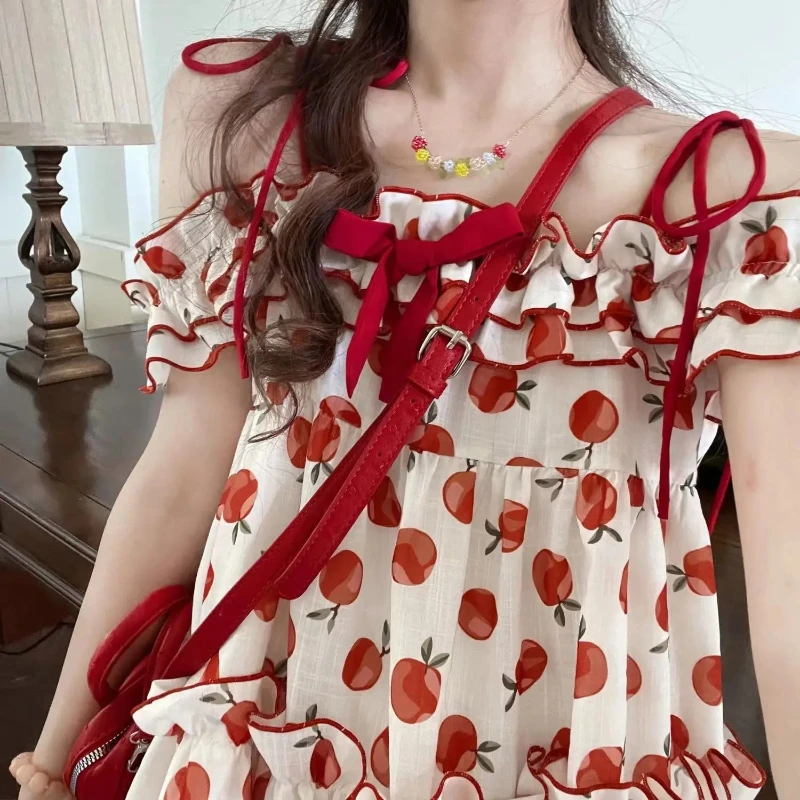 

Summer Strawberry Dresses Sweet Kawaii Mini Slash Neck Lace-up Lolita Japanese Style Age-reducing Party Loose Cute uhjii8