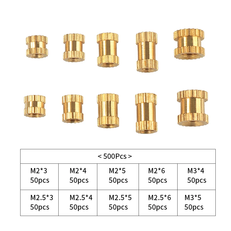 500pcs M2 M2.5 M3 Brass Heat Set Insert Nut Hot Melt Injection Thread Knurled Double Twill Embedment Copper Nut Assortment Kit