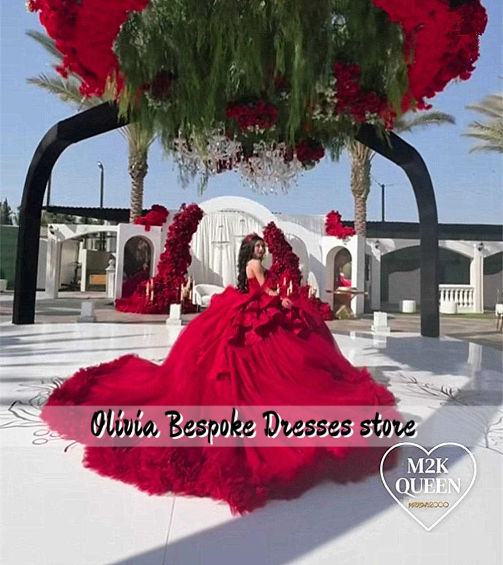 Vestidos de quinceañera con volantes y lazo rojo, Apliques de encaje con cuentas, vestido de baile de tren fruncido de tul, vestido de fiesta de boda mexicano