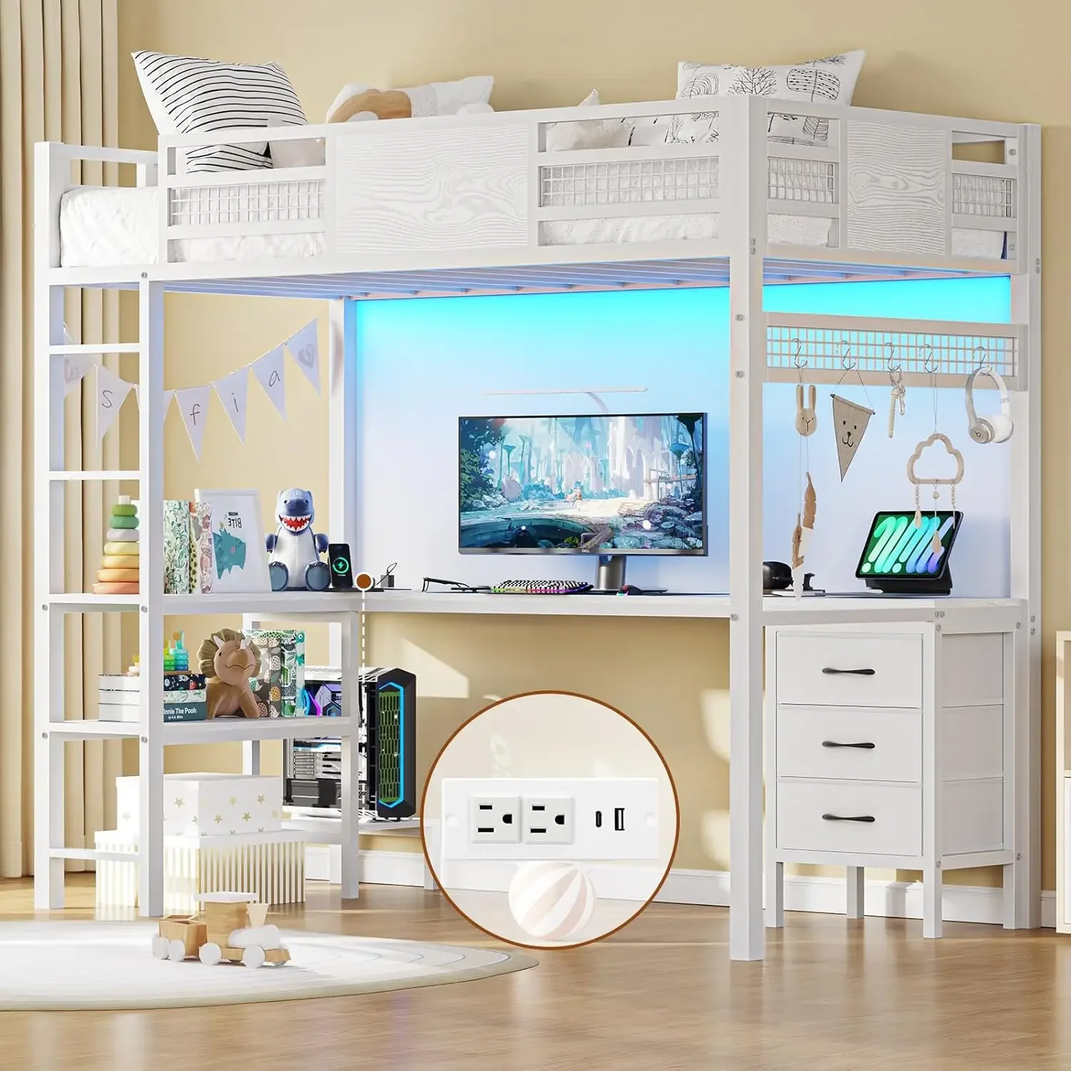 Loft Bed with L-Shaped Desk, Metal Twin Size Bed Frame with LED Lights & Charging , 3 Fabric Drawers, 2-Tier Storage