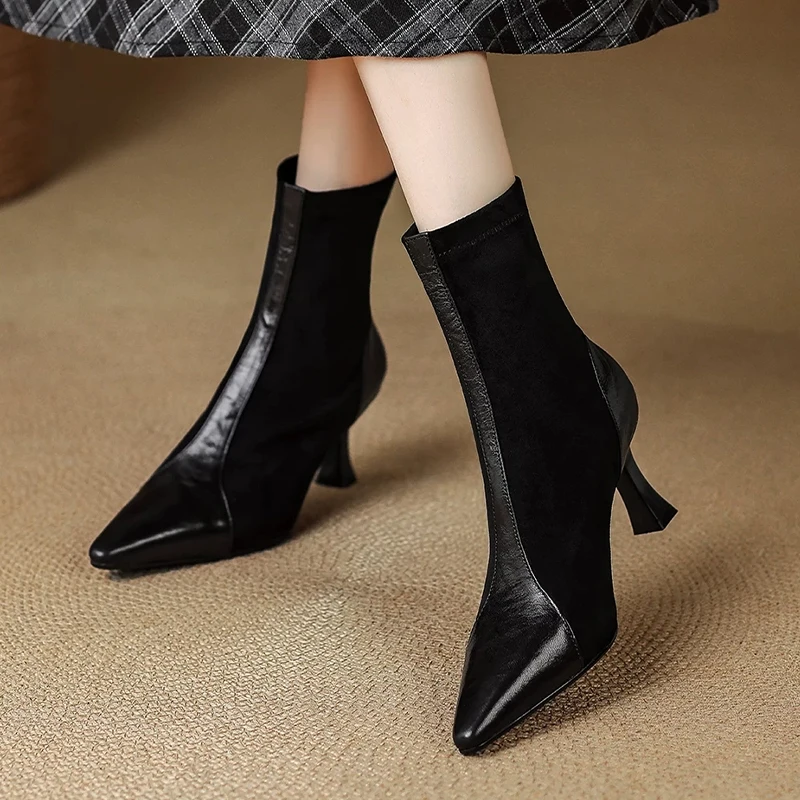 Women Spliced Sock Ankle Boots Suede PU Leather Pointed Toe Shoes Thin High Heels Back Zipper 2026 Winter New Party Daily Women