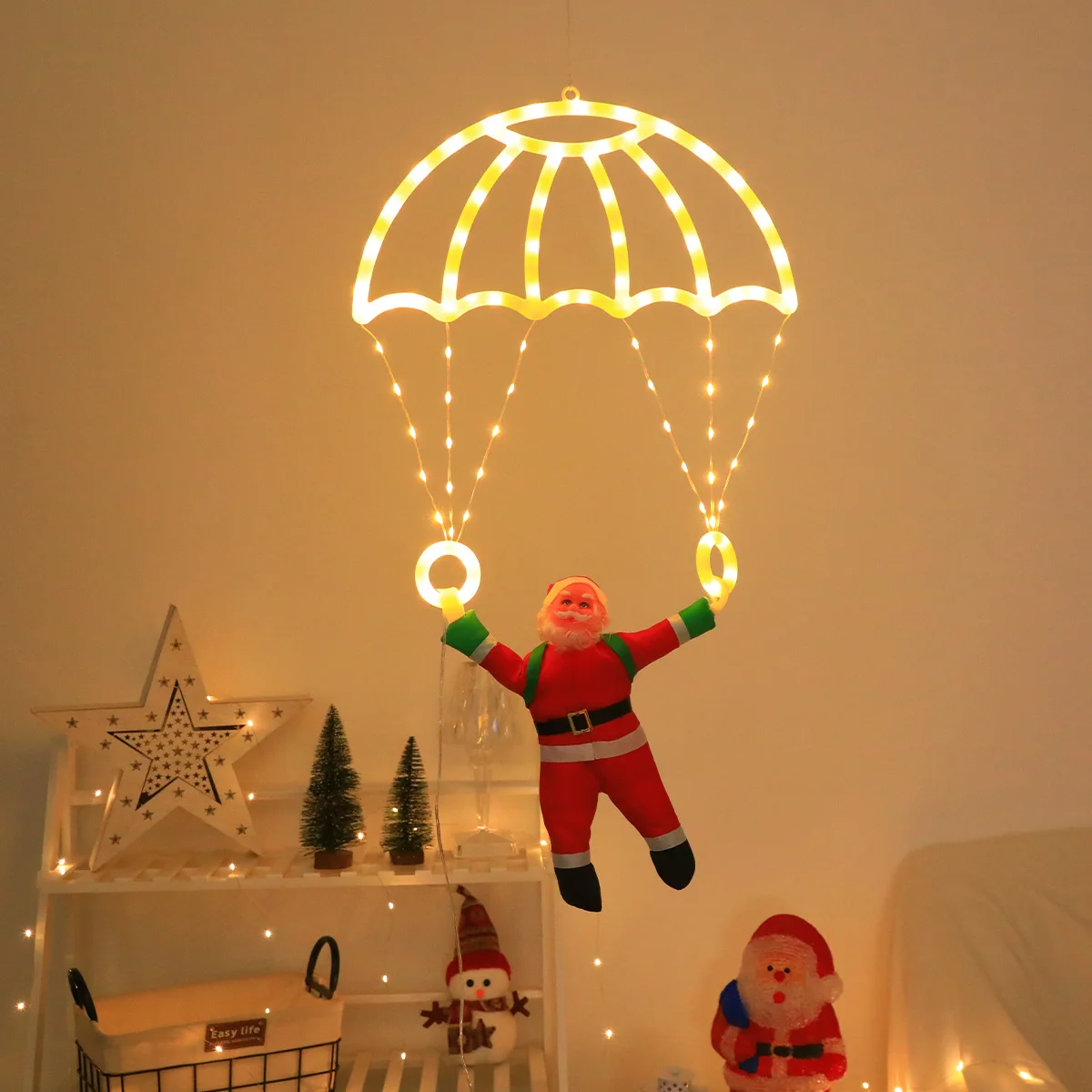 Whimsical Parachute Santa LED Hanging Light, Glowing Neon Parachute Frame, Eye-catching Xmas Window & Wall Holiday Decoration