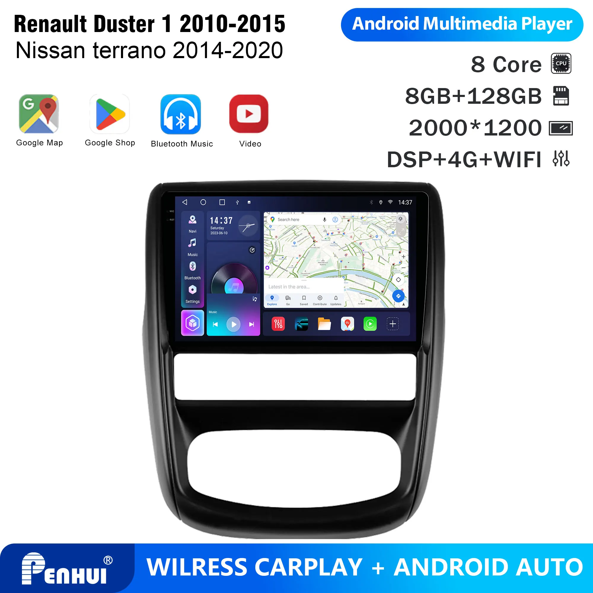 Reprodutor de DVD Automotivo Penhui Android 2 Din para Renault Duster 1 2010-2015 Nissan Terrano 2014-2020 com DSP, Bluetooth, Áudio e CarPlay