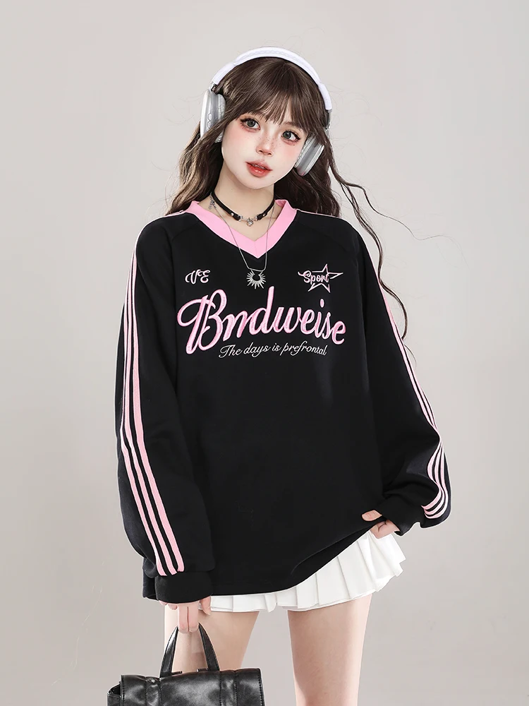 Oversize V-Neck Patchwork Sweatshirt Women's Spring Autumn Winter New Embroidery Capless Loose Fit Comfortable Cotton Top
