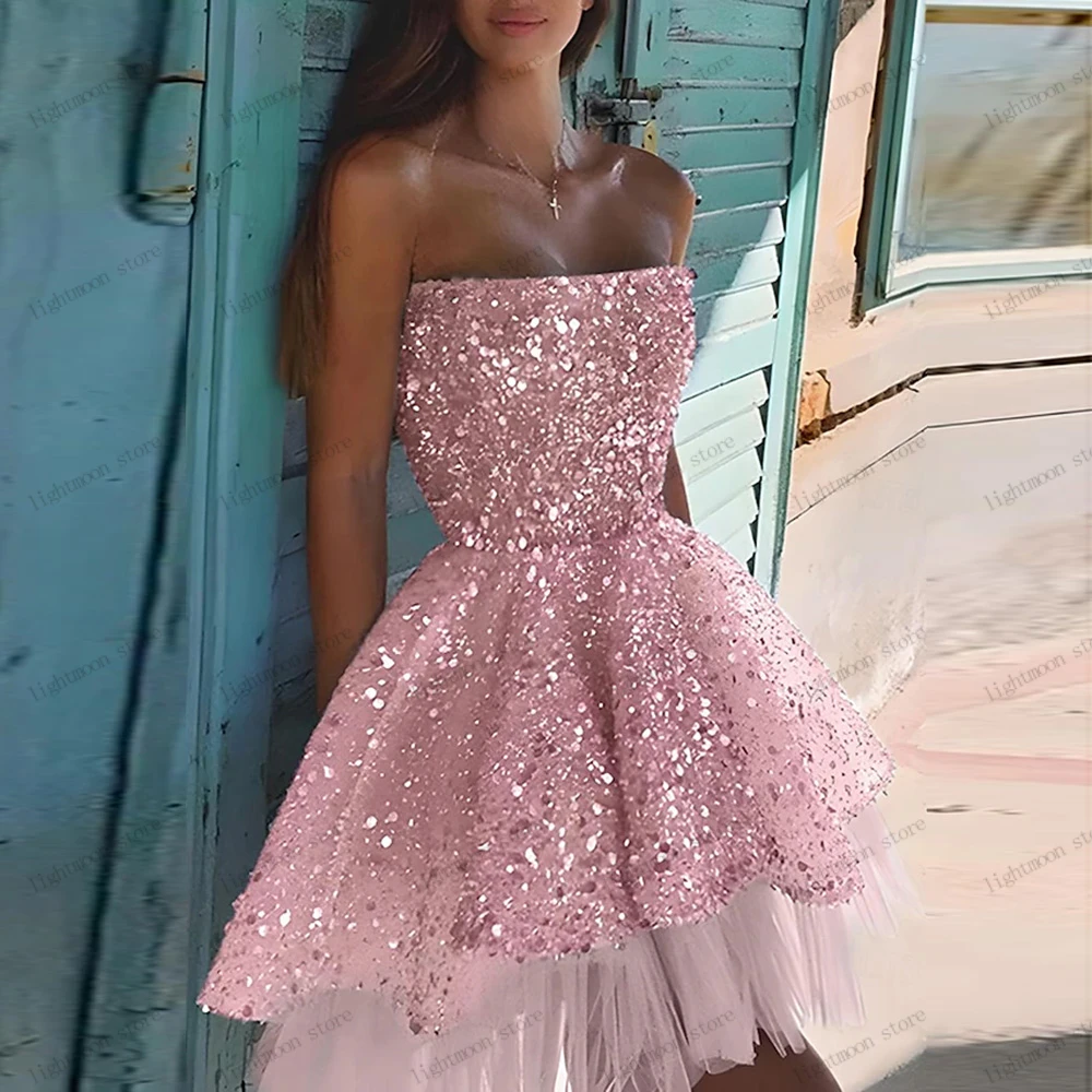 

Vintage Evening Dresses Glitter Prom Dresses Back To School Season Mini Dress Strapless Backless Vestidos De Gala Customized